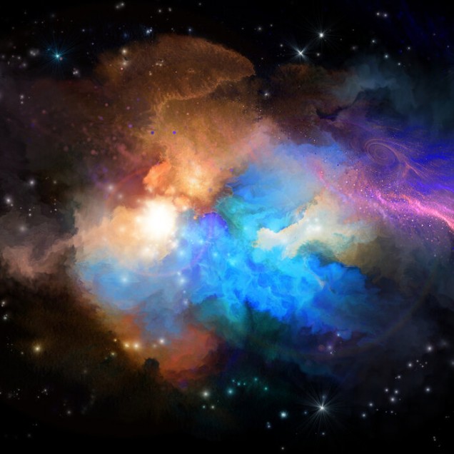 Multicolored Nebula wallpaper, featuring a vibrant nebula with swirling clouds of gas and dust, illuminated by stars of various sizes and colors, in a living room setting.