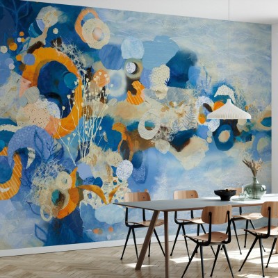 Tapet abstract Nantucket Summer cu nuanțe de albastru, galben și gri.