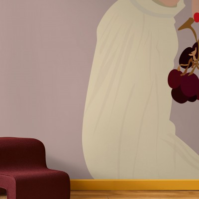 Fototapet minimalist cu un mănunchi de struguri și o gură ce degustă o boabă de strugure.
