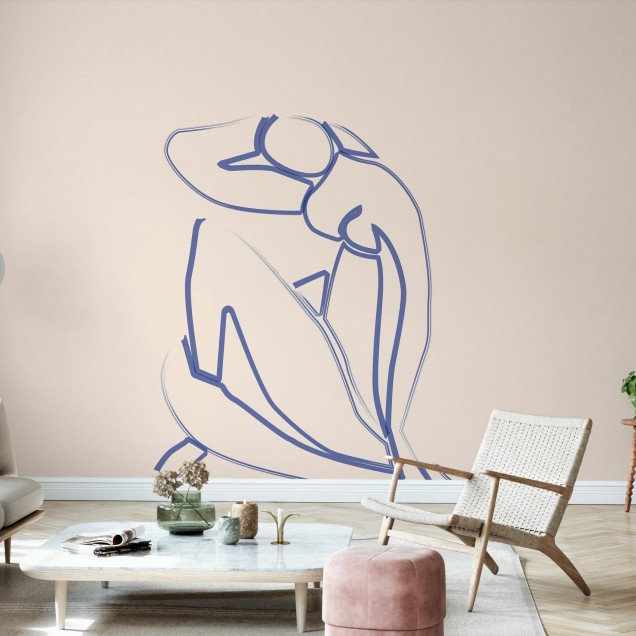 Tapet Lady Knelt Blue cu o linie grafică simplă în nuanțe de albastru pe un fond pastelat