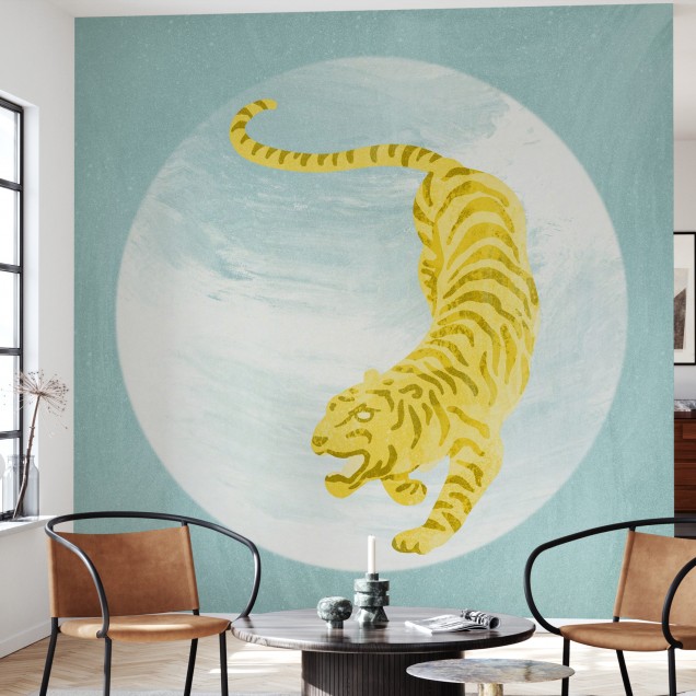 Tapet cu Tiger galben pe fundal albastru