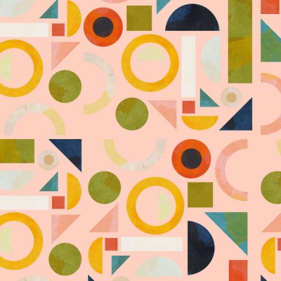 Tapet geometric cu model abstract, în culori vibrante, cu cercuri, pătrate și triunghiuri, pe o bază roz pal