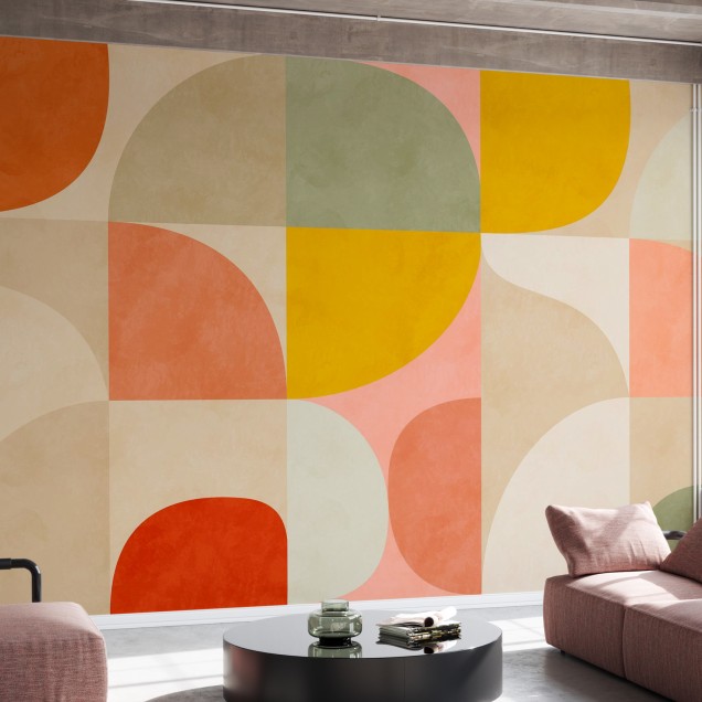 Tapet abstract cu forme geometrice in culori calde: bej, portocaliu, galben.