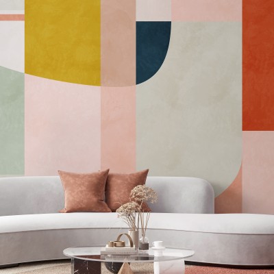 Tapet geometric modern cu cercuri si forme geometrice, in culori vibrante de roz, verde, galben, albastru si portocaliu. Perfect pentru living, dormitor, birou sau hol.