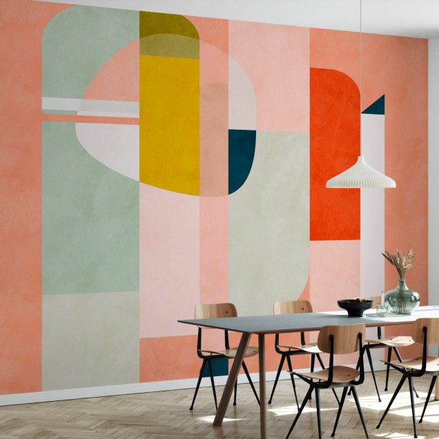 Tapet geometric modern cu cercuri si forme geometrice, in culori vibrante de roz, verde, galben, albastru si portocaliu. Perfect pentru living, dormitor, birou sau hol.