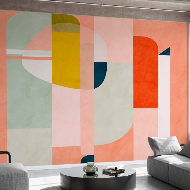 Tapet geometric modern cu cercuri si forme geometrice, in culori vibrante de roz, verde, galben, albastru si portocaliu. Perfect pentru living, dormitor, birou sau hol.