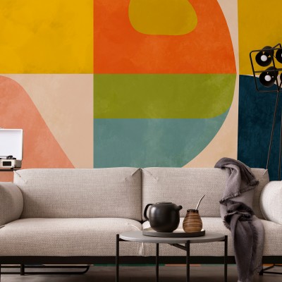 Wallpaper cu design geometric minimalist, cu culori calde și forme simple.