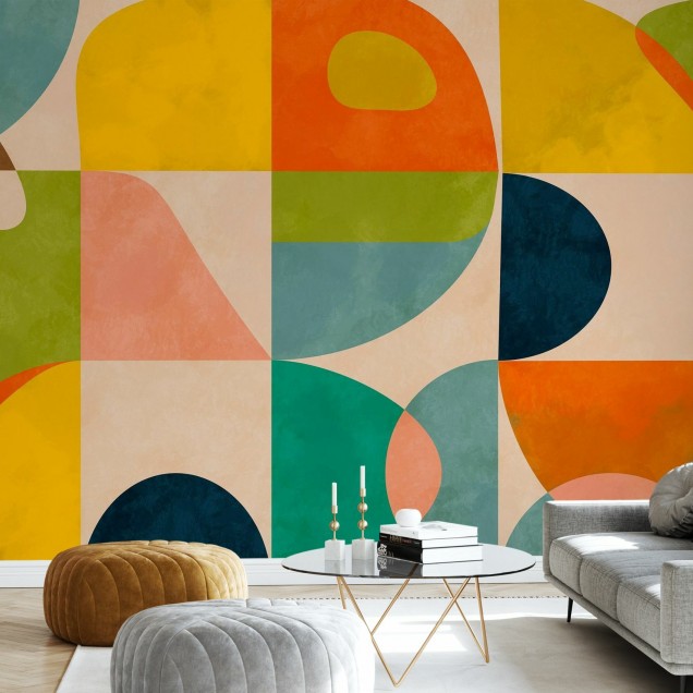 Wallpaper cu design geometric minimalist, cu culori calde și forme simple.