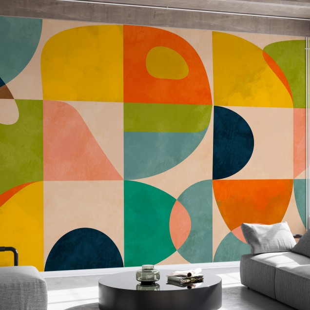 Wallpaper cu design geometric minimalist, cu culori calde și forme simple.