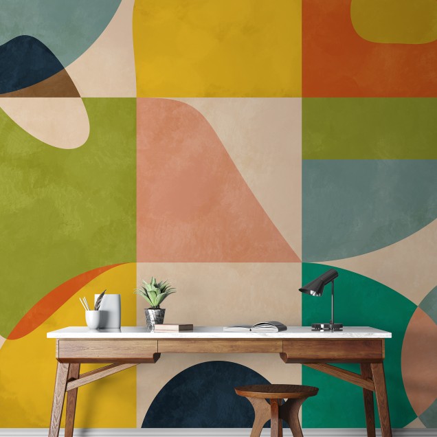Wallpaper cu design geometric minimalist, cu culori calde și forme simple.