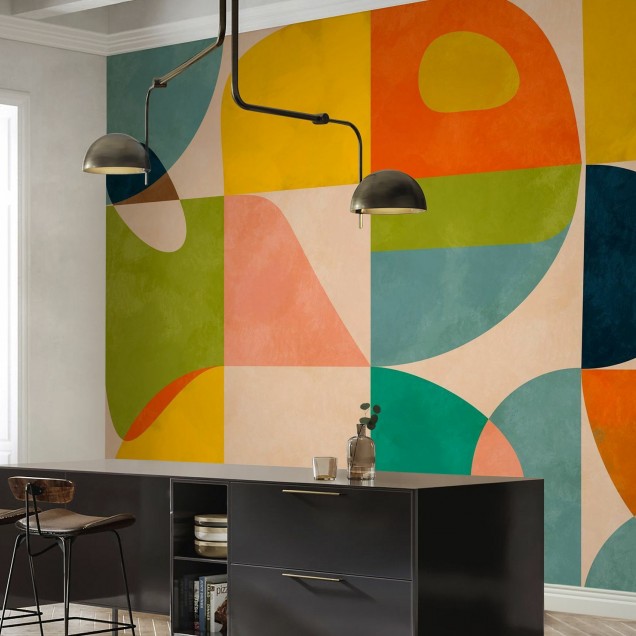 Wallpaper cu design geometric minimalist, cu culori calde și forme simple.