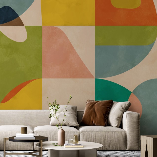 Wallpaper cu design geometric minimalist, cu culori calde și forme simple.