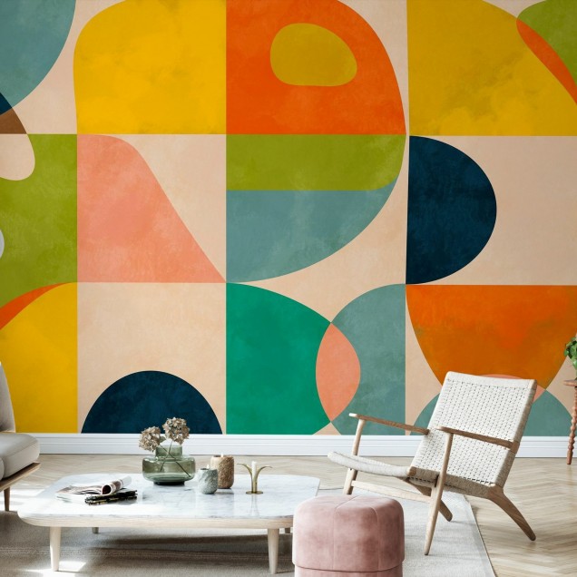 Wallpaper cu design geometric minimalist, cu culori calde și forme simple.