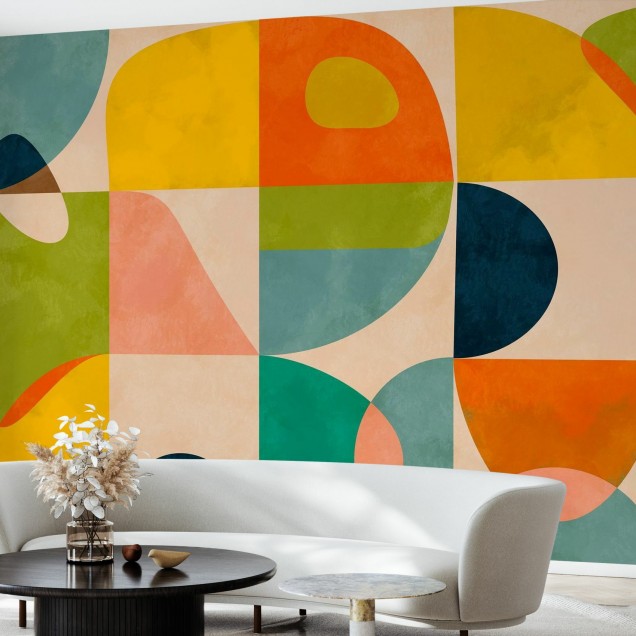 Wallpaper cu design geometric minimalist, cu culori calde și forme simple.