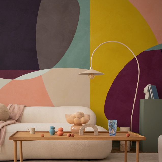 Wallpaper abstract cu cercuri in culori vibrante, ideal pentru un living modern si elegant