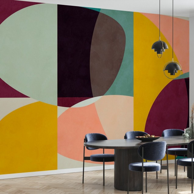 Wallpaper abstract cu cercuri in culori vibrante, ideal pentru un living modern si elegant