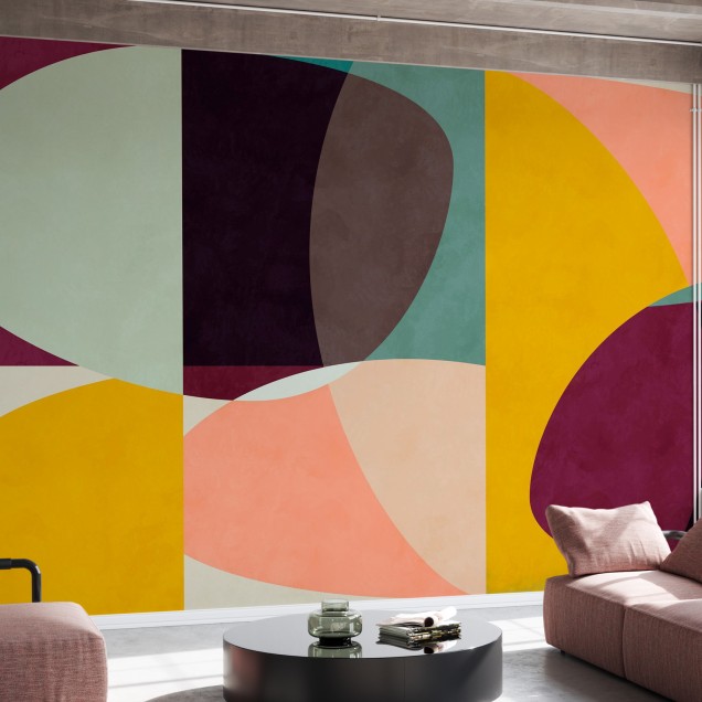 Wallpaper abstract cu cercuri in culori vibrante, ideal pentru un living modern si elegant