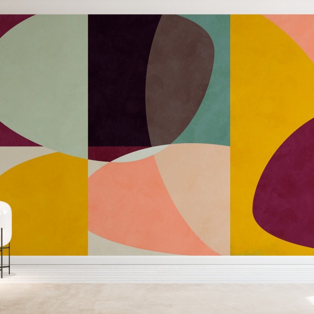 Wallpaper abstract cu cercuri in culori vibrante, ideal pentru un living modern si elegant