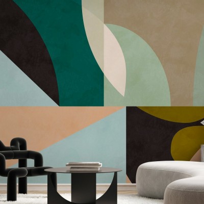 Tapet geometric abstract cu cercuri in nuante de bej, verde, maro si negru