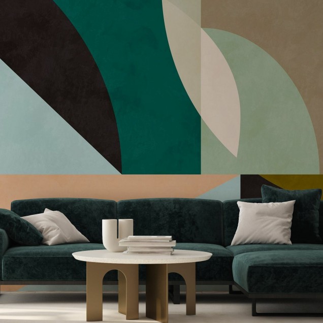 Tapet geometric abstract cu cercuri in nuante de bej, verde, maro si negru
