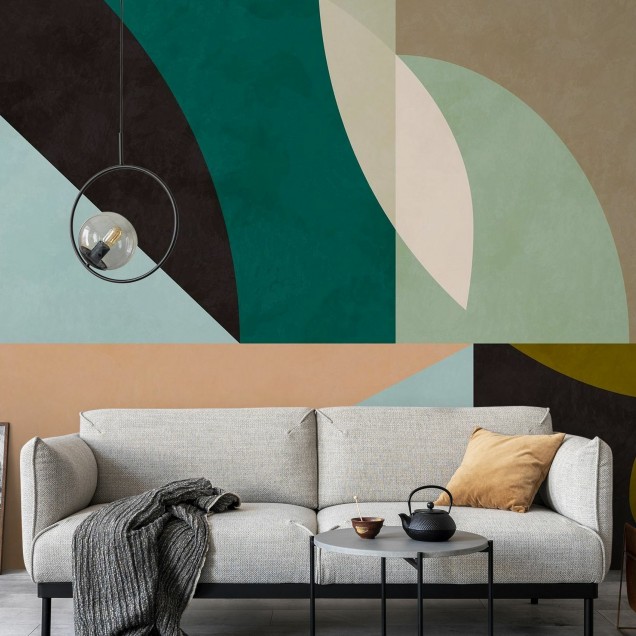 Tapet geometric abstract cu cercuri in nuante de bej, verde, maro si negru