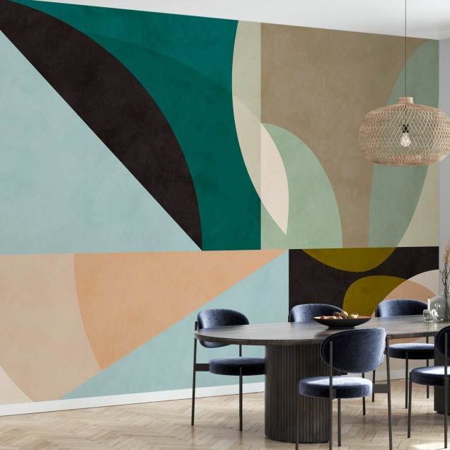 Tapet geometric abstract cu cercuri in nuante de bej, verde, maro si negru