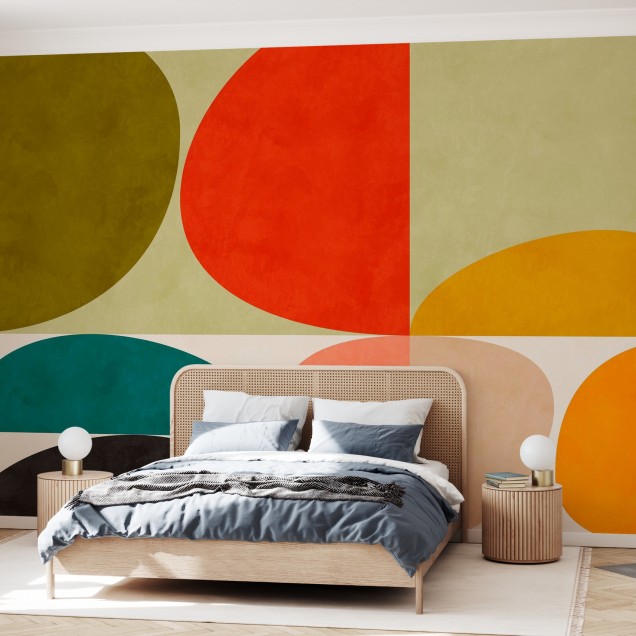 Tapet modern cu design geometric vibrant, cu cercuri de culori calde