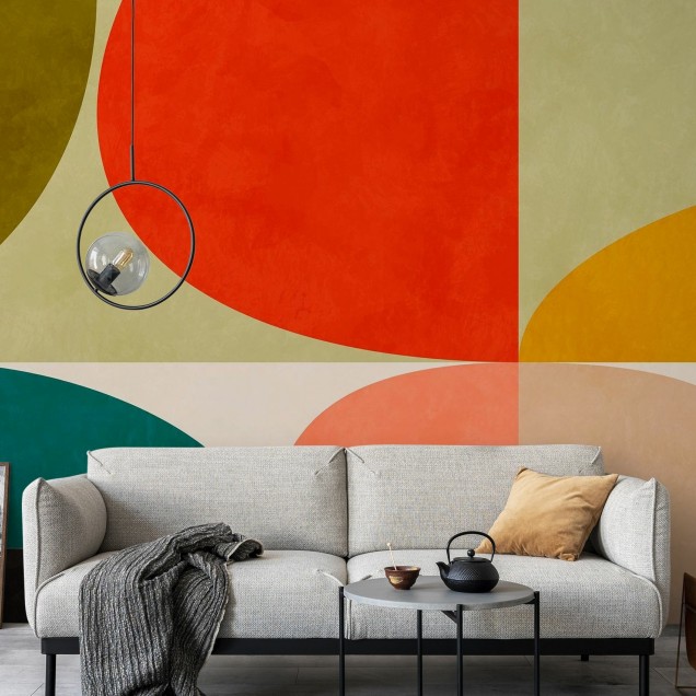 Tapet modern cu design geometric vibrant, cu cercuri de culori calde
