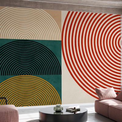 Tapet abstract modern cu cercuri concentrice în culori vibrante. Ideal pentru living, dormitor sau birou.