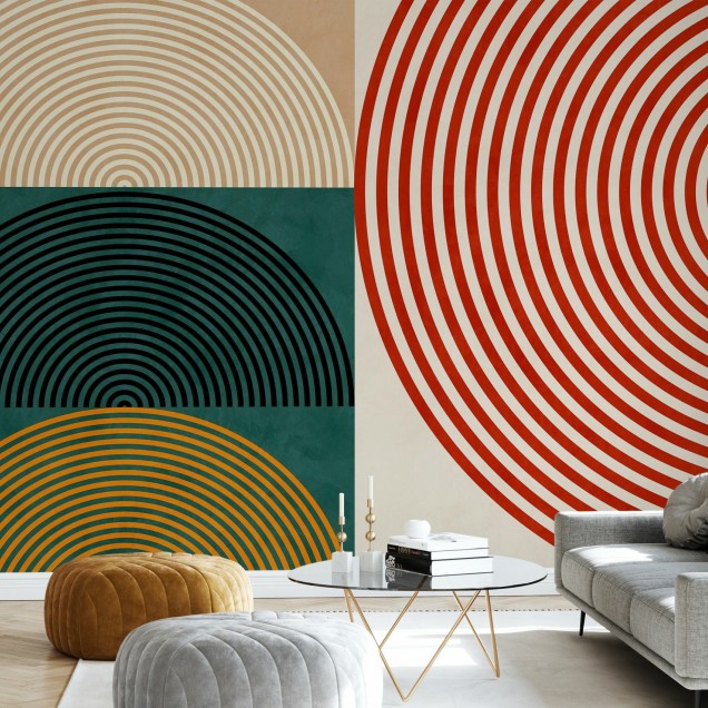 Tapet abstract modern cu cercuri concentrice în culori vibrante. Ideal pentru living, dormitor sau birou.