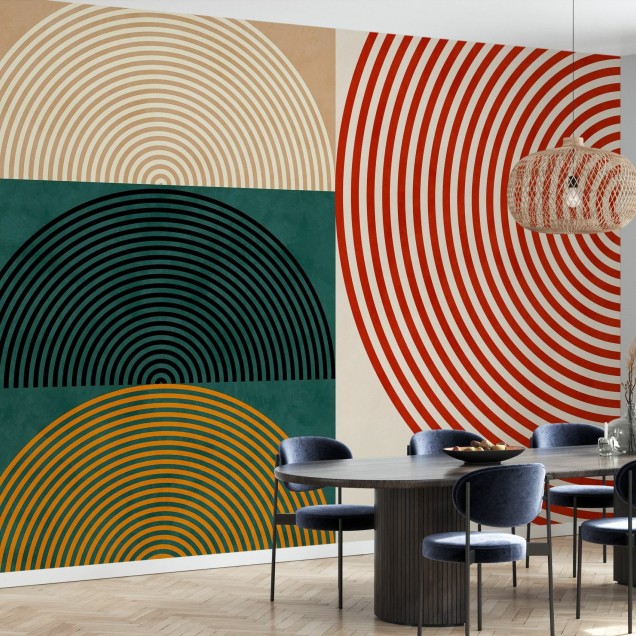 Tapet abstract modern cu cercuri concentrice în culori vibrante. Ideal pentru living, dormitor sau birou.