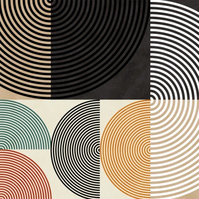 Tapet Circles Mid Century XIII, cu design geometric abstract, in culori vibrante, aplicat intr-un living cu o masa si scaune din lemn,  in tonuri neutre.