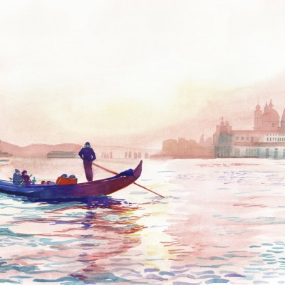 Tapet cu aspect de acuarelă ce prezintă o gondolă navigând pe Canalul Mare din Veneția, cu clădirile din jur.
