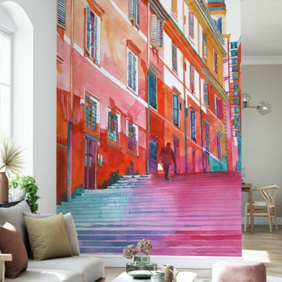 Imagine cu un tapet de perete care prezintă o vedere artistică a unor străzi înguste din Roma.