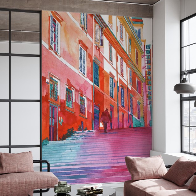 Imagine cu un tapet de perete care prezintă o vedere artistică a unor străzi înguste din Roma.
