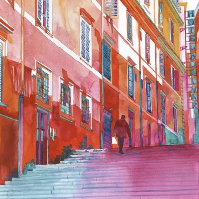 Imagine cu un tapet de perete care prezintă o vedere artistică a unor străzi înguste din Roma.