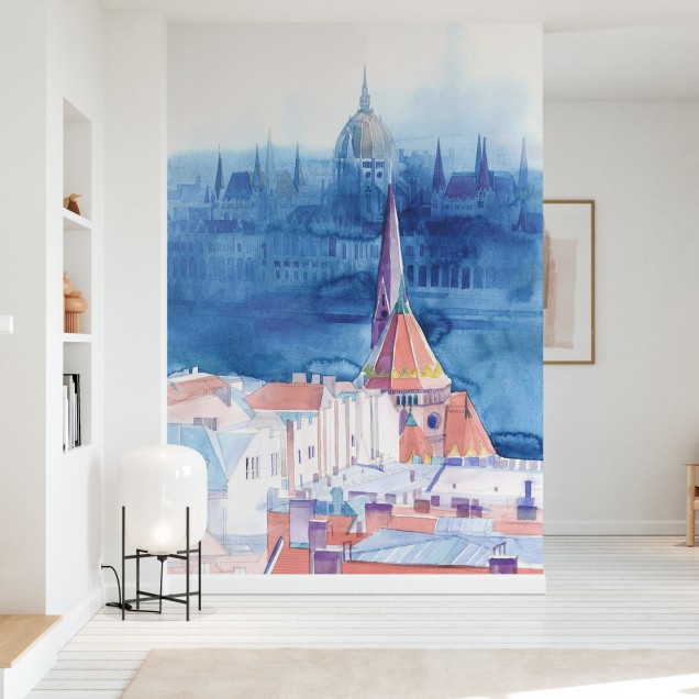 Tapet perete Morning in Budapest cu design acuarela, prezentând orașul Budapesta