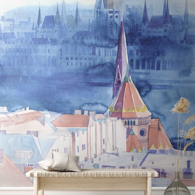 Tapet perete Morning in Budapest cu design acuarela, prezentând orașul Budapesta