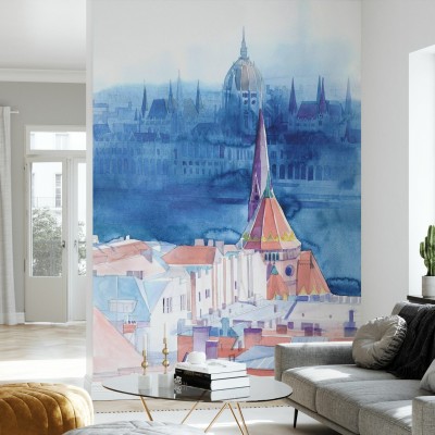 Tapet perete Morning in Budapest cu design acuarela, prezentând orașul Budapesta