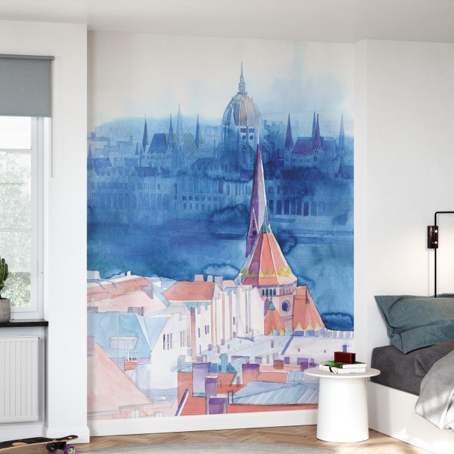 Tapet perete Morning in Budapest cu design acuarela, prezentând orașul Budapesta