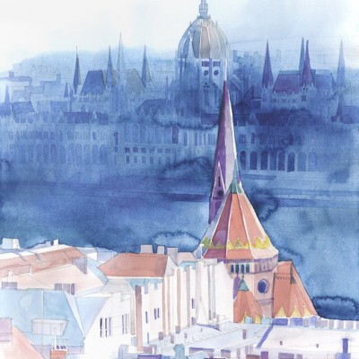 Tapet perete Morning in Budapest cu design acuarela, prezentând orașul Budapesta