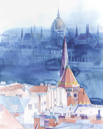 Tapet perete Morning in Budapest cu design acuarela, prezentând orașul Budapesta