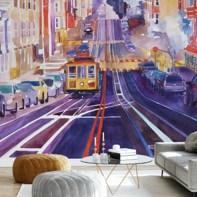 Tapet cu o priveliște vibrantă a orașului San Francisco, cu tramvaiul iconic, mașini și clădiri colorate, într-un stil pictural watercolor.