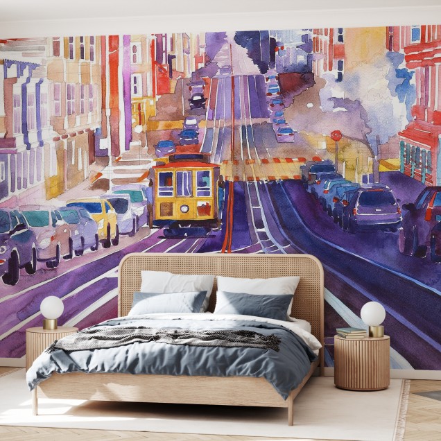 Tapet cu o priveliște vibrantă a orașului San Francisco, cu tramvaiul iconic, mașini și clădiri colorate, într-un stil pictural watercolor.
