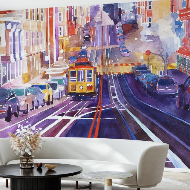 Tapet cu o priveliște vibrantă a orașului San Francisco, cu tramvaiul iconic, mașini și clădiri colorate, într-un stil pictural watercolor.