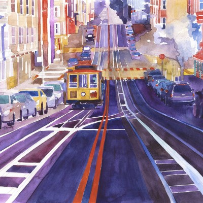 Tapet cu o priveliște vibrantă a orașului San Francisco, cu tramvaiul iconic, mașini și clădiri colorate, într-un stil pictural watercolor.