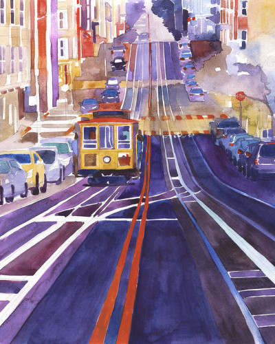 Tapet cu o priveliște vibrantă a orașului San Francisco, cu tramvaiul iconic, mașini și clădiri colorate, într-un stil pictural watercolor.