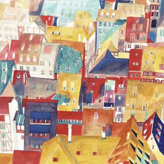 Wallpaper Strasbourg - o priveliște urbană vibrantă, cu acoperișuri și clădiri pictate în culori calde și vii.