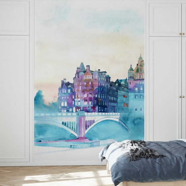 Tapet cu imagine a orasului Edinburgh in timpul iernii, cu culori pastelate si o atmosfera relaxanta, perfect pentru living, dormitor sau orice alt spatiu pe care vrei sa-l personalizezi.
