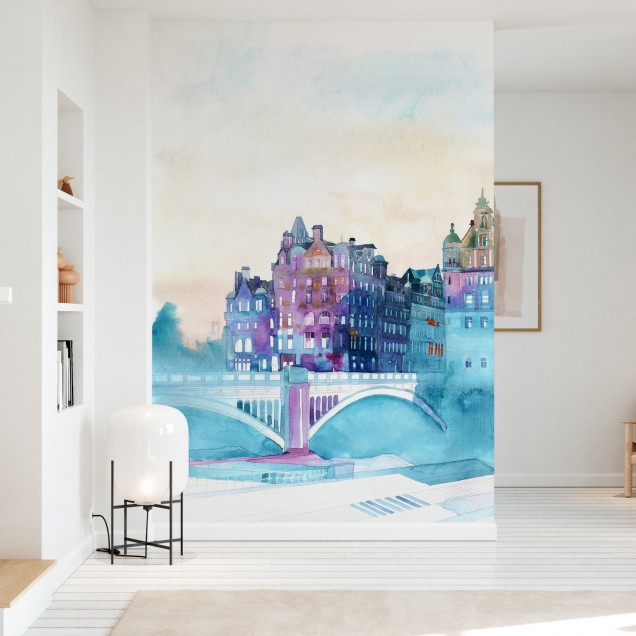Tapet cu imagine a orasului Edinburgh in timpul iernii, cu culori pastelate si o atmosfera relaxanta, perfect pentru living, dormitor sau orice alt spatiu pe care vrei sa-l personalizezi.